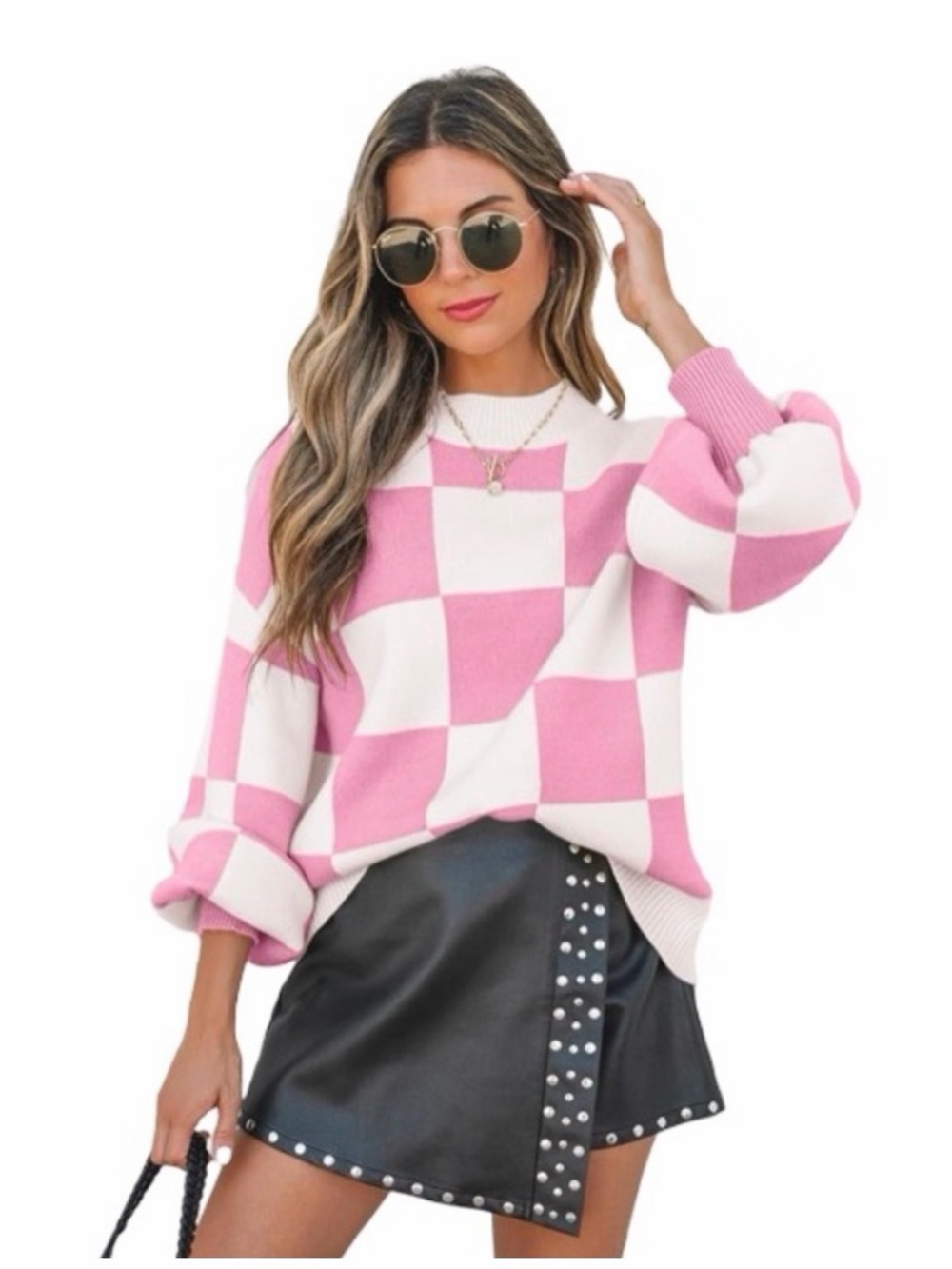 ZESICA Pink and Cream Checkered Crewneck Sweater - Size Large